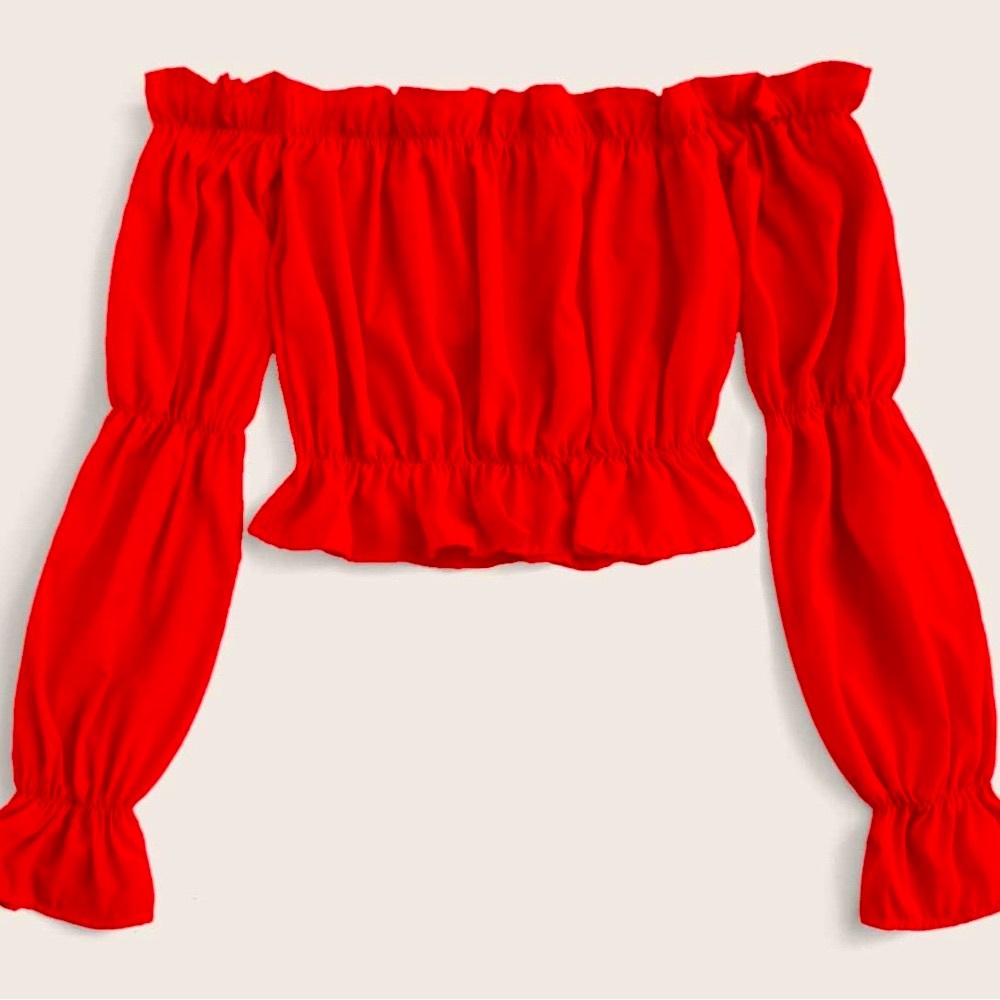 Ruffle Trim Off-Shoulder Blouse, Long Sleeve Tops